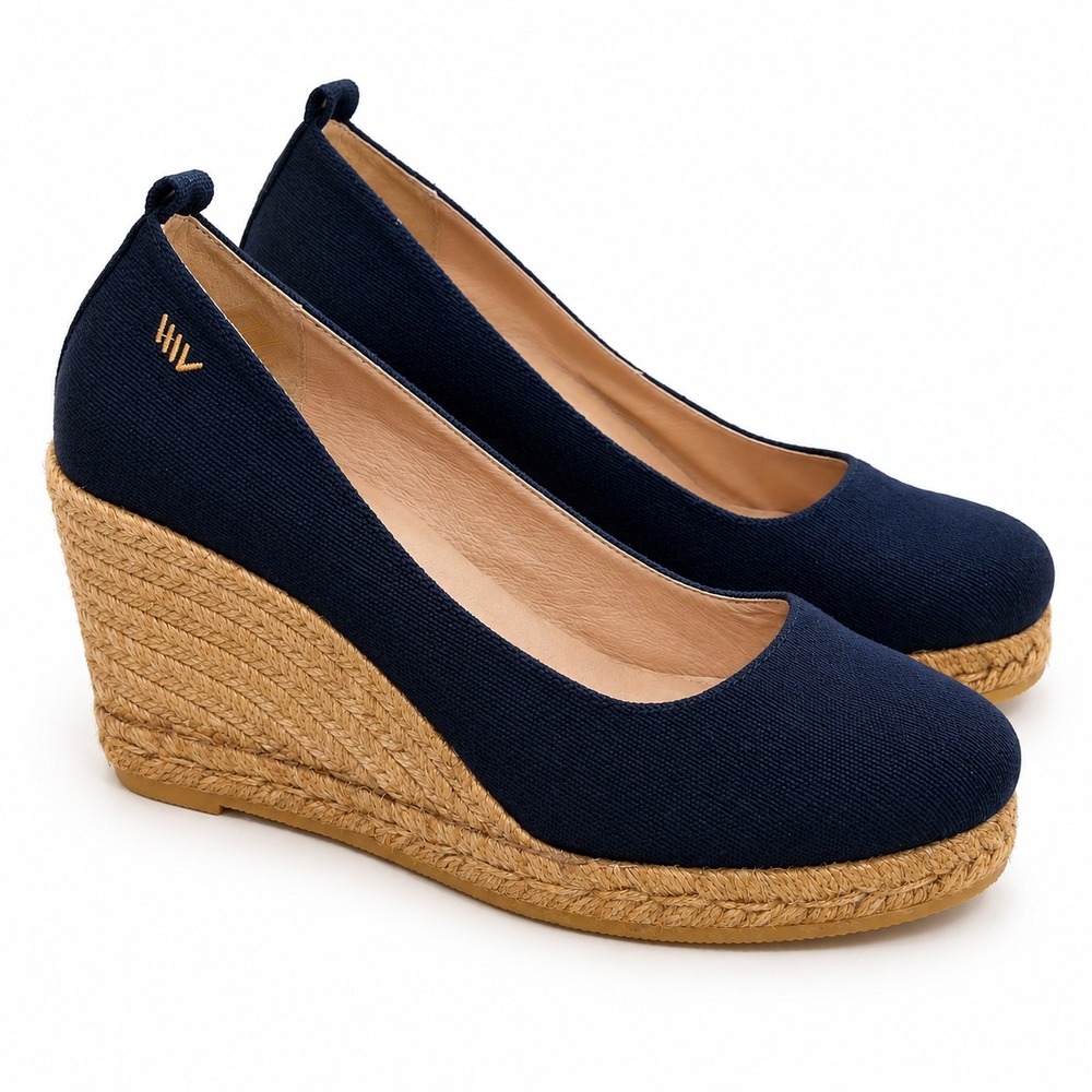 Viscata Barcelona Navy Blue Canvas Espadrille Wedges Made in Spain Size 41 US 10